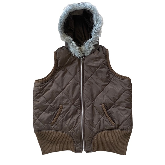 One Step Up brown zip up puffy vest jacket coat fur hood women’s 2X pockets - Picture 2 of 10